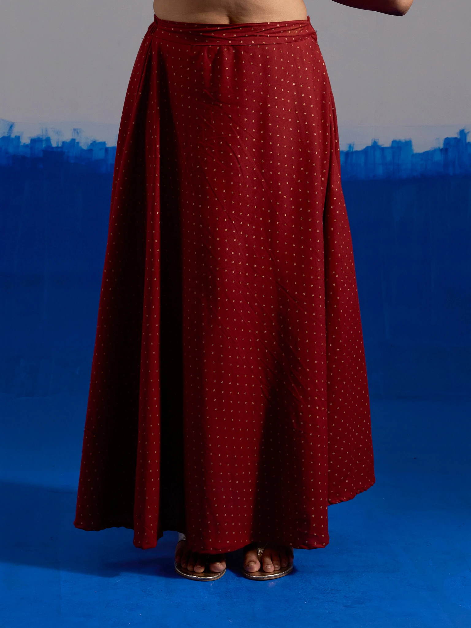 RA Studio Maroon Flared Skirt with Gold Dot Block Print Detailing