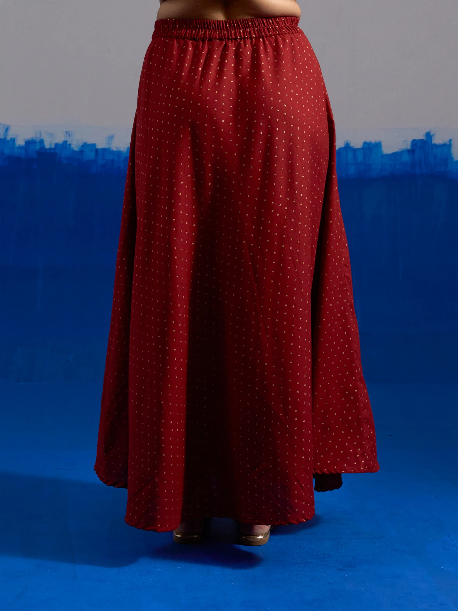 RA Studio Maroon Flared Skirt with Gold Dot Block Print Detailing