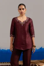 RA Studio Wine red Dupion Silk Tunic with Hand Embroidered Neckline and Sleeves