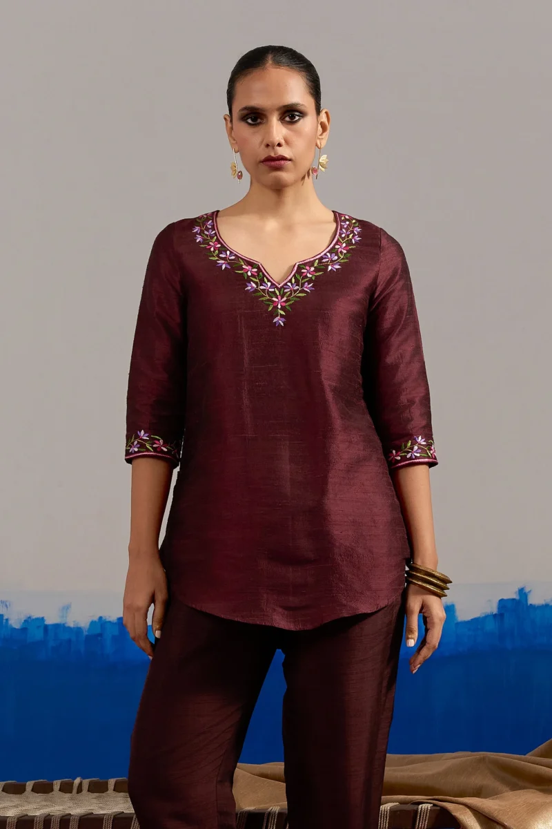 RA Studio Wine red Dupion Silk Tunic with Hand Embroidered Neckline and Sleeves