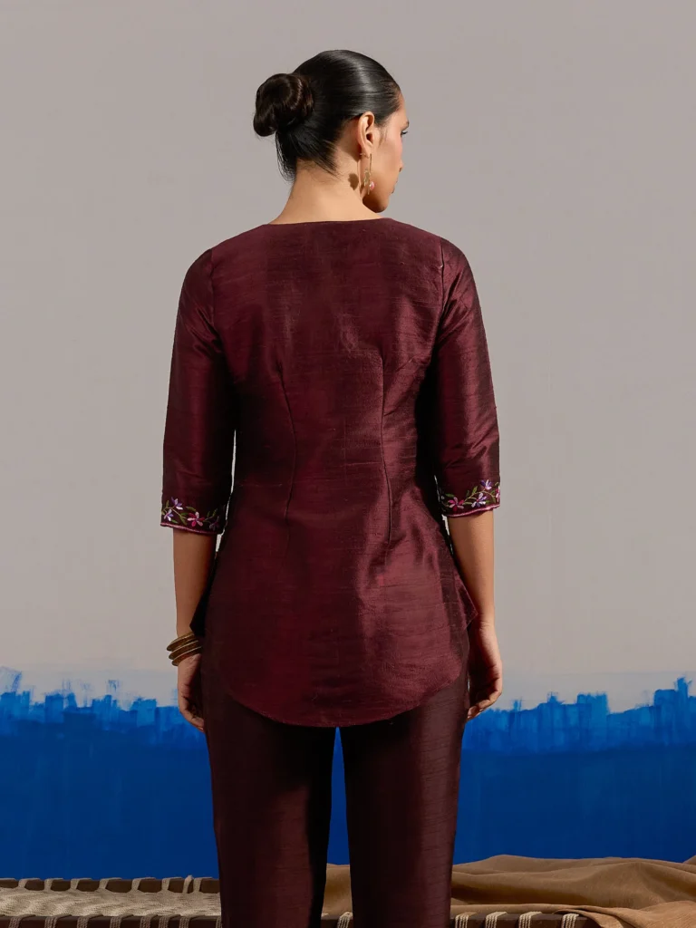 RA Studio Wine red Dupion Silk Tunic with Hand Embroidered Neckline and Sleeves