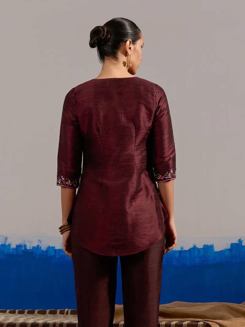 RA Studio Wine red Dupion Silk Tunic with Hand Embroidered Neckline and Sleeves