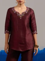 RA Studio Wine red Dupion Silk Tunic with Hand Embroidered Neckline and Sleeves