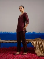 RA Studio Wine red Dupion Silk Tunic with Hand Embroidered Neckline and Sleeves