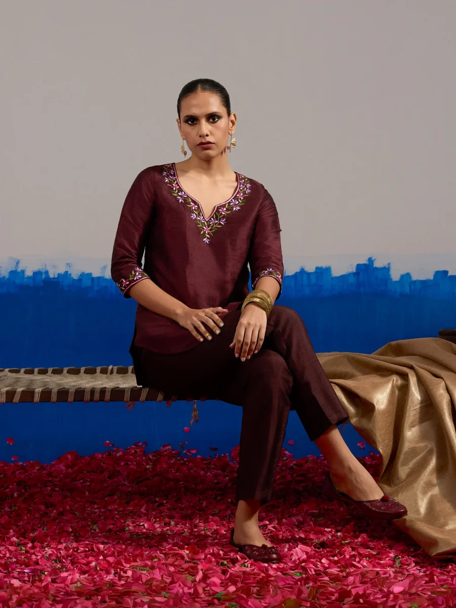 RA Studio Wine red Dupion Silk Tunic with Hand Embroidered Neckline and Sleeves