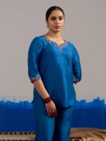 RA Studio Royal Blue Dupion Silk Tunic with Hand Embroidered Neckline and Sleeves
