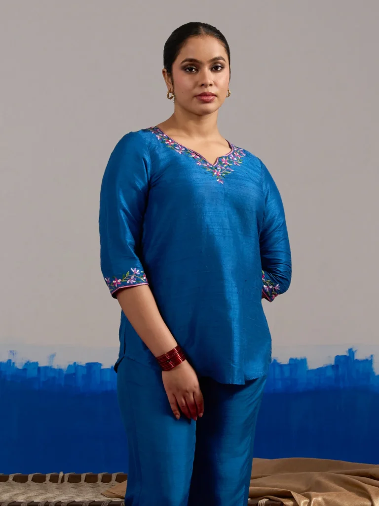 RA Studio Royal Blue Dupion Silk Tunic with Hand Embroidered Neckline and Sleeves
