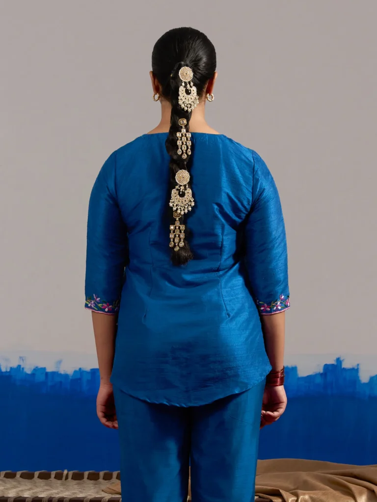 RA Studio Royal Blue Dupion Silk Tunic with Hand Embroidered Neckline and Sleeves