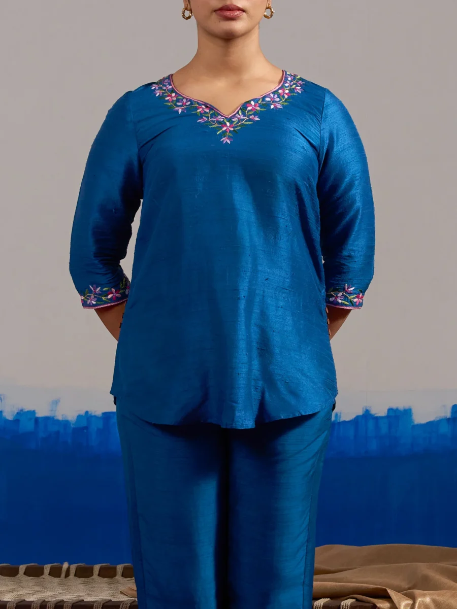 RA Studio Royal Blue Dupion Silk Tunic with Hand Embroidered Neckline and Sleeves