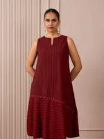 RA Studio Maroon Sleeveless Block Printed Dress with Vertical and Diagonal Stripes