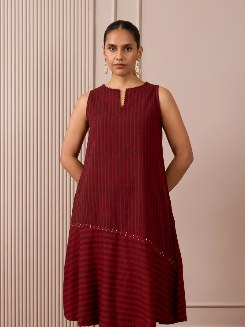 RA Studio Maroon Sleeveless Block Printed Dress with Vertical and Diagonal Stripes
