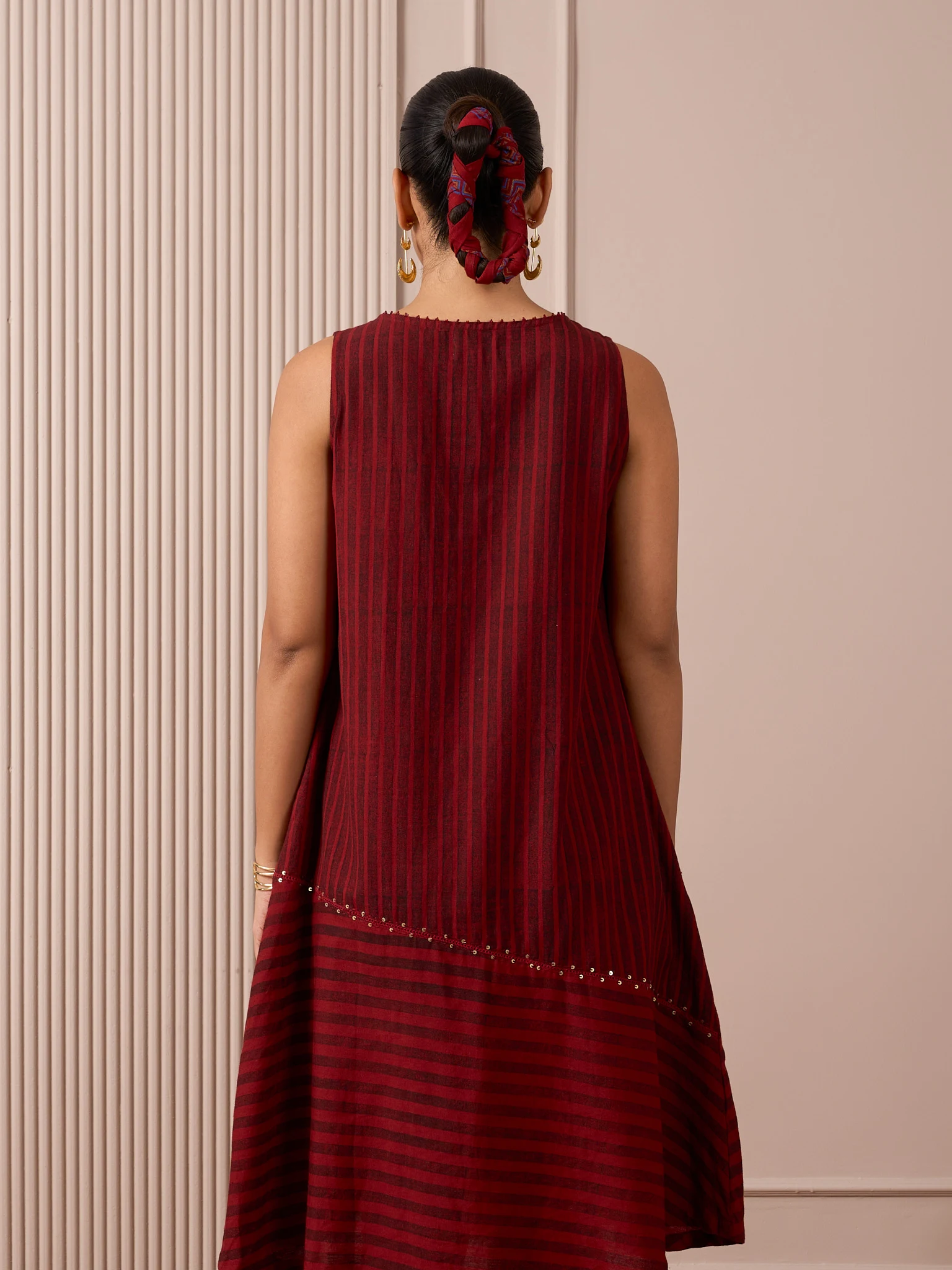 RA Studio Maroon Sleeveless Block Printed Dress with Vertical and Diagonal Stripes