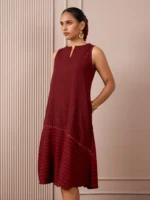 RA Studio Maroon Sleeveless Block Printed Dress with Vertical and Diagonal Stripes