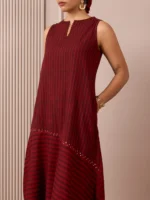 RA Studio Maroon Sleeveless Block Printed Dress with Vertical and Diagonal Stripes