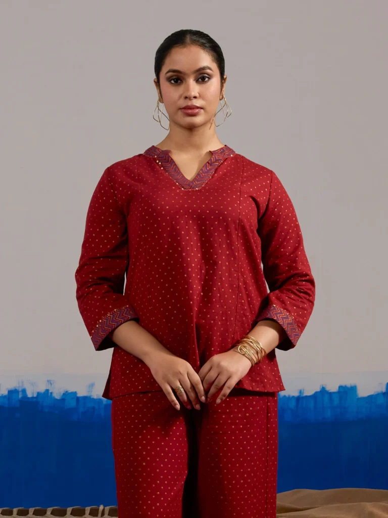 RA Studio Maroon Gold Dot Block Print Princess Line cut, V-Neck Tunic with Full Sleeves