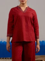 RA Studio Maroon Gold Dot Block Print Princess Line cut, V-Neck Tunic with Full Sleeves