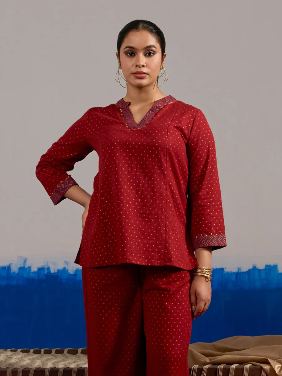 RA Studio Maroon Gold Dot Block Print Princess Line cut, V-Neck Tunic with Full Sleeves