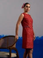 RA Studio Maroon Base Chintz Block Printed Princess Line Cut Dress with Side Waist Band
