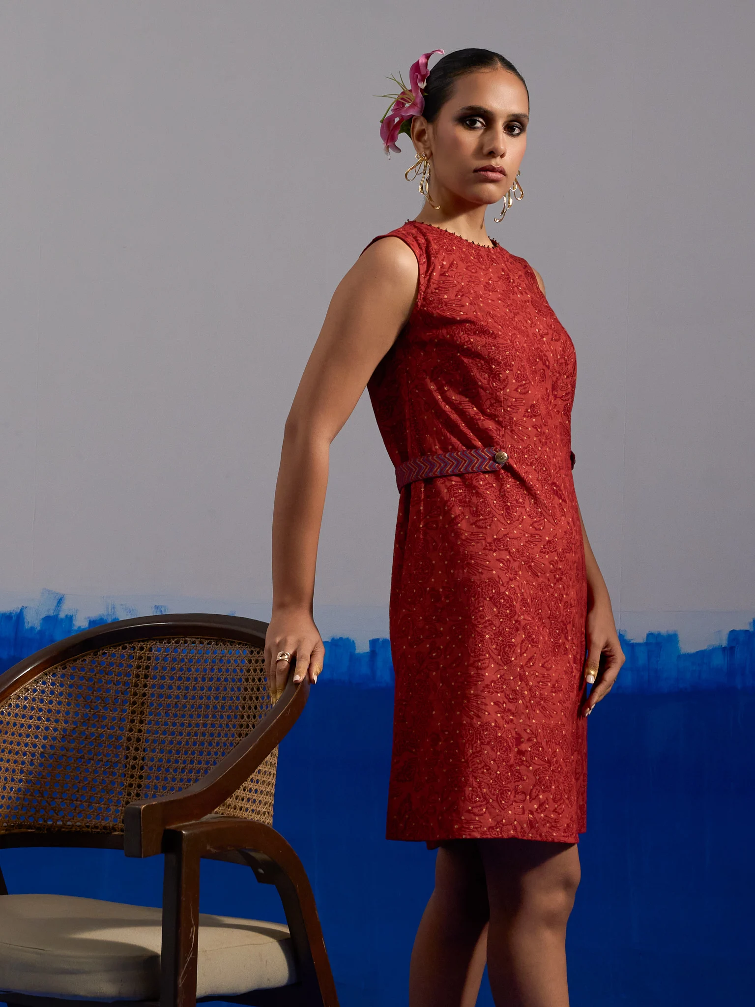 RA Studio Maroon Base Chintz Block Printed Princess Line Cut Dress with Side Waist Band