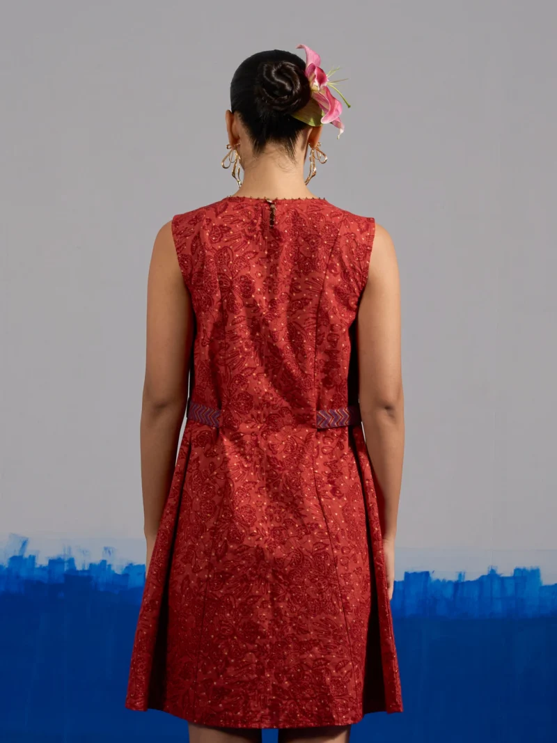 RA Studio Maroon Base Chintz Block Printed Princess Line Cut Dress with Side Waist Band
