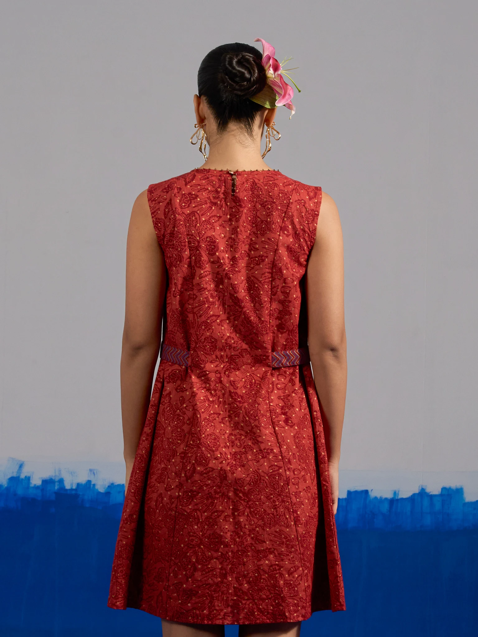 RA Studio Maroon Base Chintz Block Printed Princess Line Cut Dress with Side Waist Band