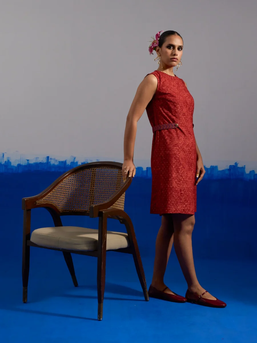 RA Studio Maroon Base Chintz Block Printed Princess Line Cut Dress with Side Waist Band
