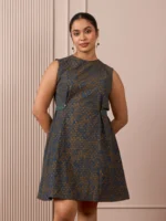 RA Studio Blue Base Chintz Block Print Princess Line Cut Dress with Side Waist Band