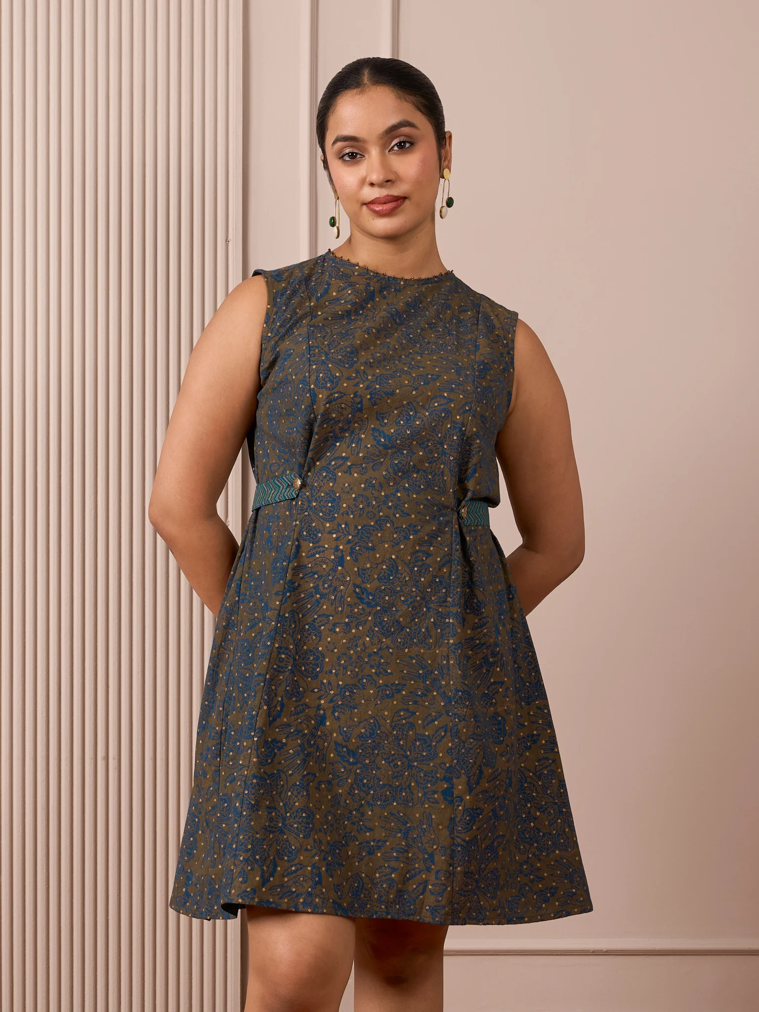 RA Studio Blue Base Chintz Block Print Princess Line Cut Dress with Side Waist Band