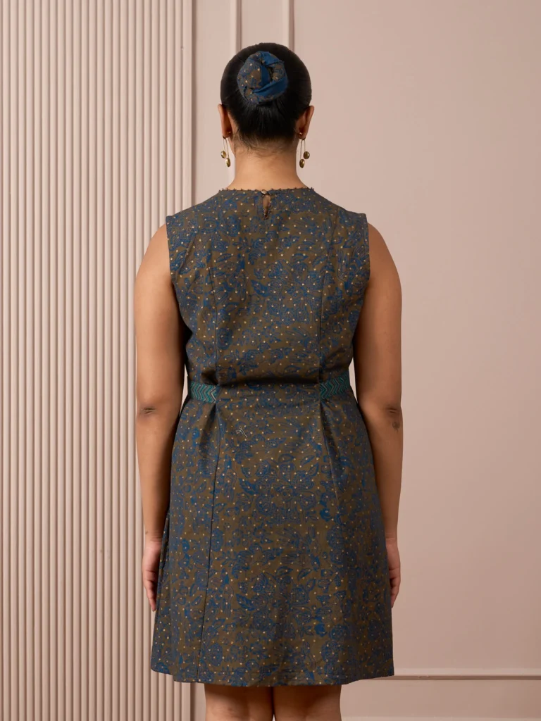 RA Studio Blue Base Chintz Block Print Princess Line Cut Dress with Side Waist Band