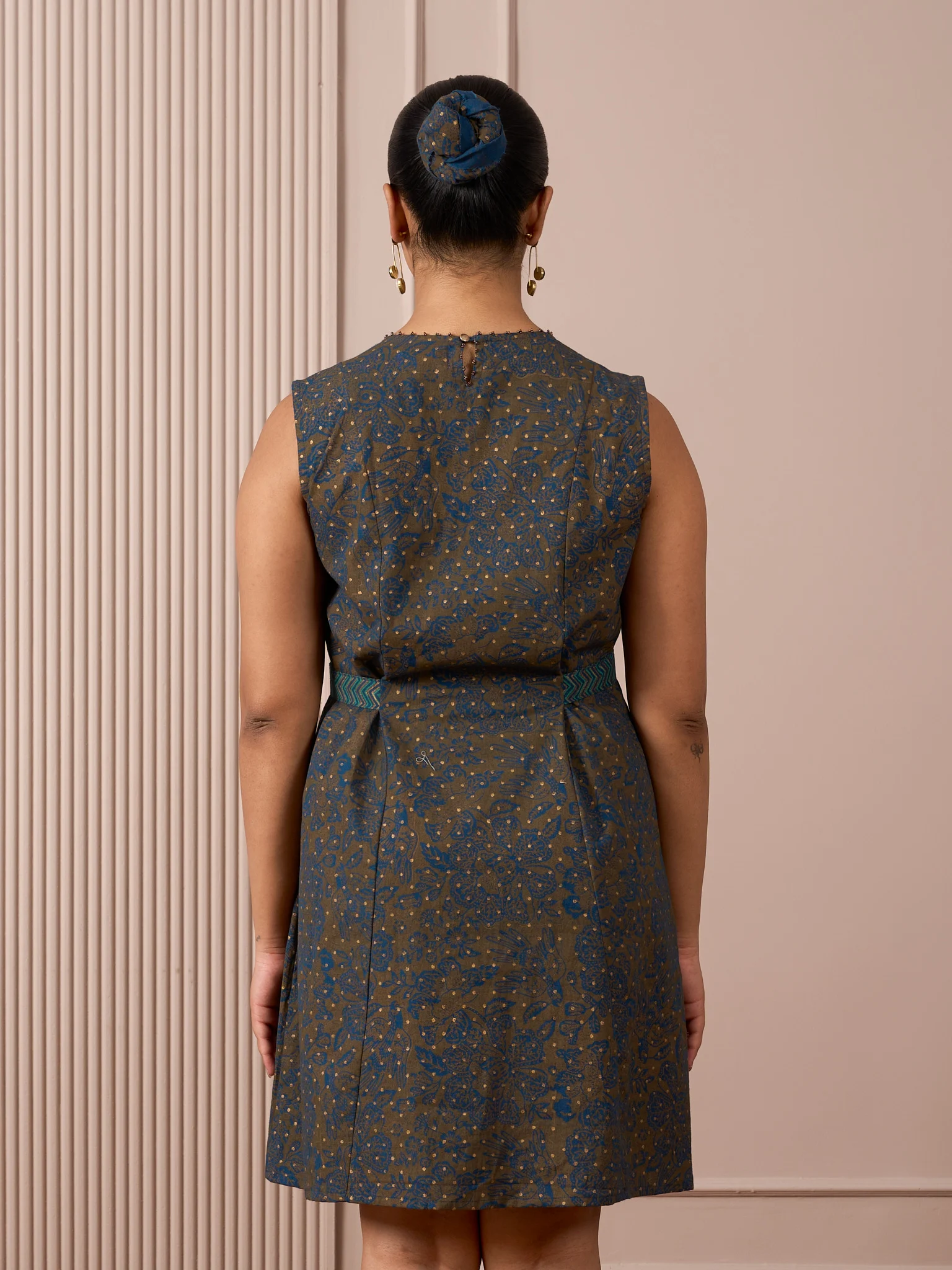 RA Studio Blue Base Chintz Block Print Princess Line Cut Dress with Side Waist Band