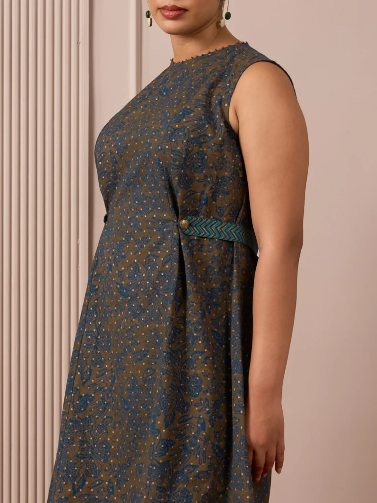 RA Studio Blue Base Chintz Block Print Princess Line Cut Dress with Side Waist Band