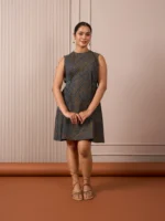 RA Studio Blue Base Chintz Block Print Princess Line Cut Dress with Side Waist Band