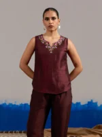 RA Studio Sleeveless Silk Dupion Hand Embroidery Neck Line Wine Red