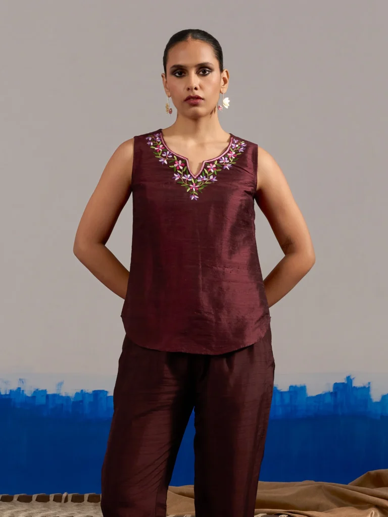 RA Studio Sleeveless Silk Dupion Hand Embroidery Neck Line Wine Red