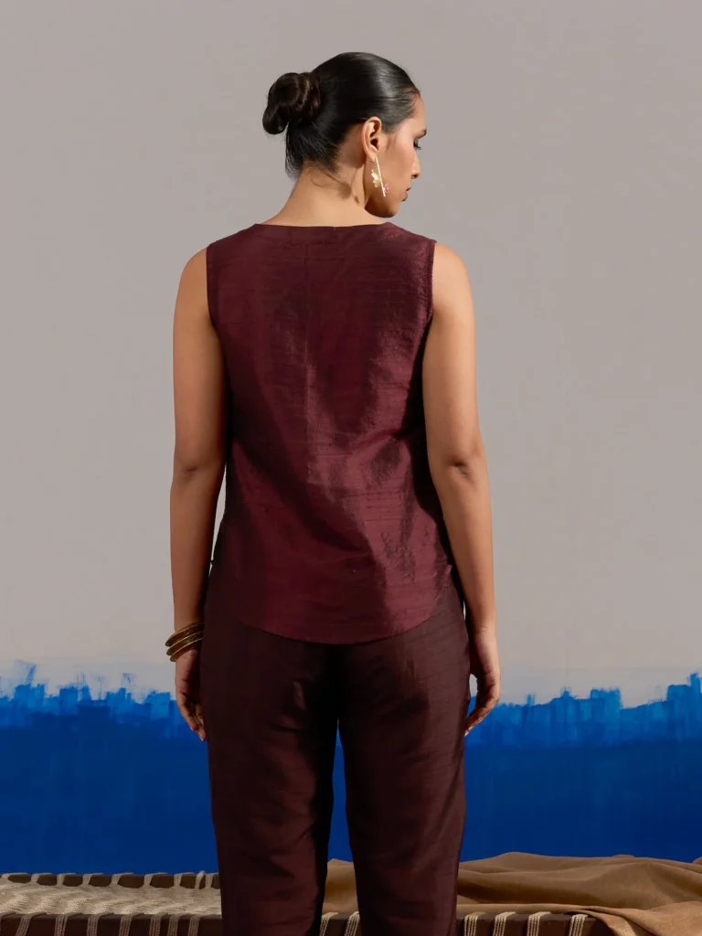 RA Studio Sleeveless Silk Dupion Hand Embroidery Neck Line Wine Red