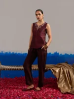RA Studio Sleeveless Silk Dupion Hand Embroidery Neck Line Wine Red