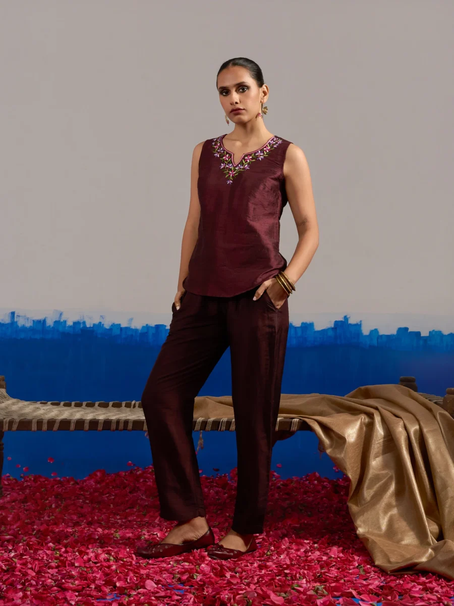 RA Studio Sleeveless Silk Dupion Hand Embroidery Neck Line Wine Red