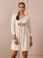 RA Studio Ivory Black Checks and Stripes Empire Line Short Dress with Colorful hand Embroidered Chest Panel