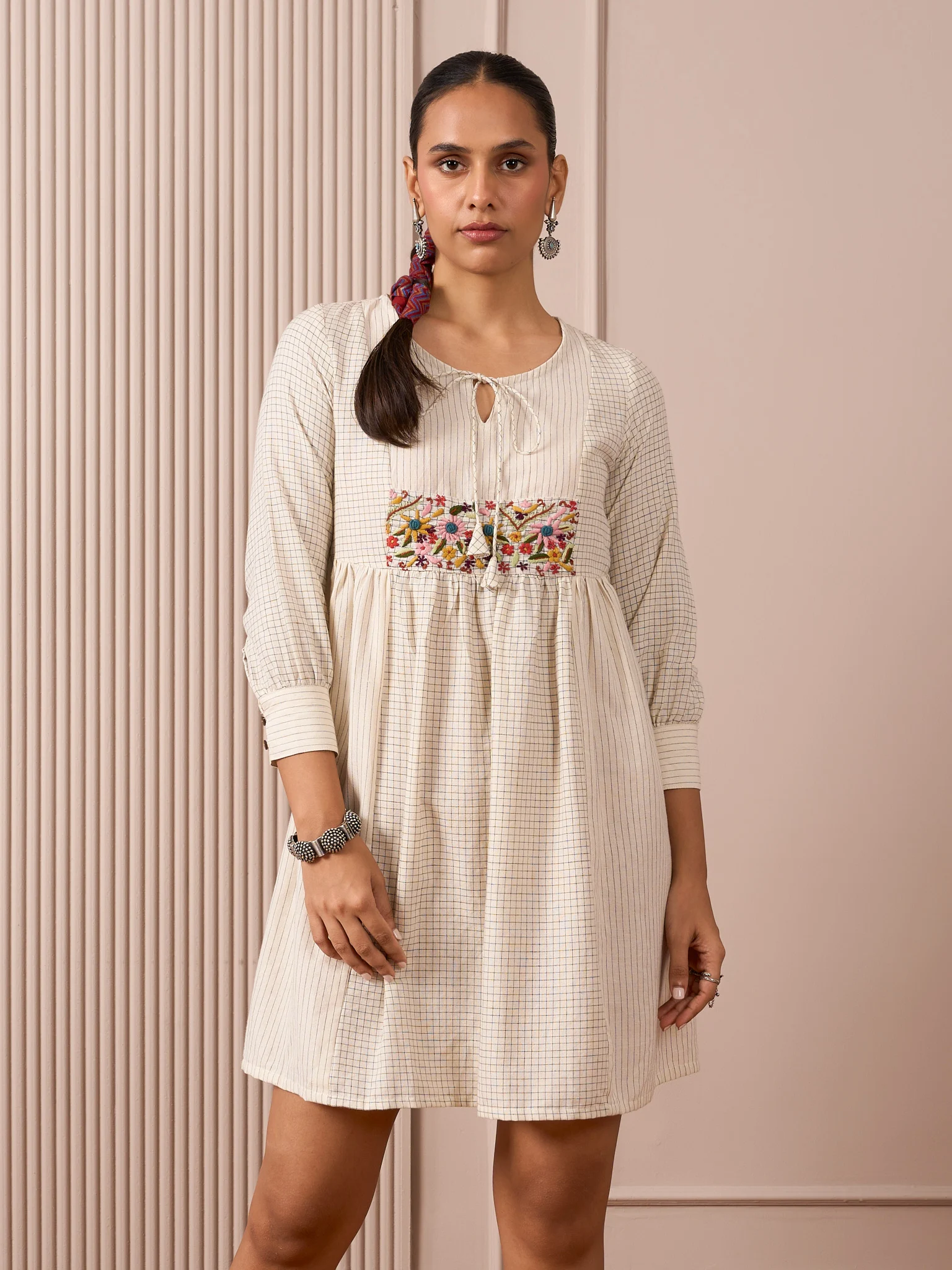 RA Studio Ivory Black Checks and Stripes Empire Line Short Dress with Colorful hand Embroidered Chest Panel