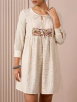 Ivory Black Checks and Stripes Empire Line Short Dress with Colorful hand Embroidered Chest Panel - Image 3