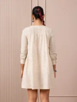 RA Studio Ivory Black Checks and Stripes Empire Line Short Dress with Colorful hand Embroidered Chest Panel