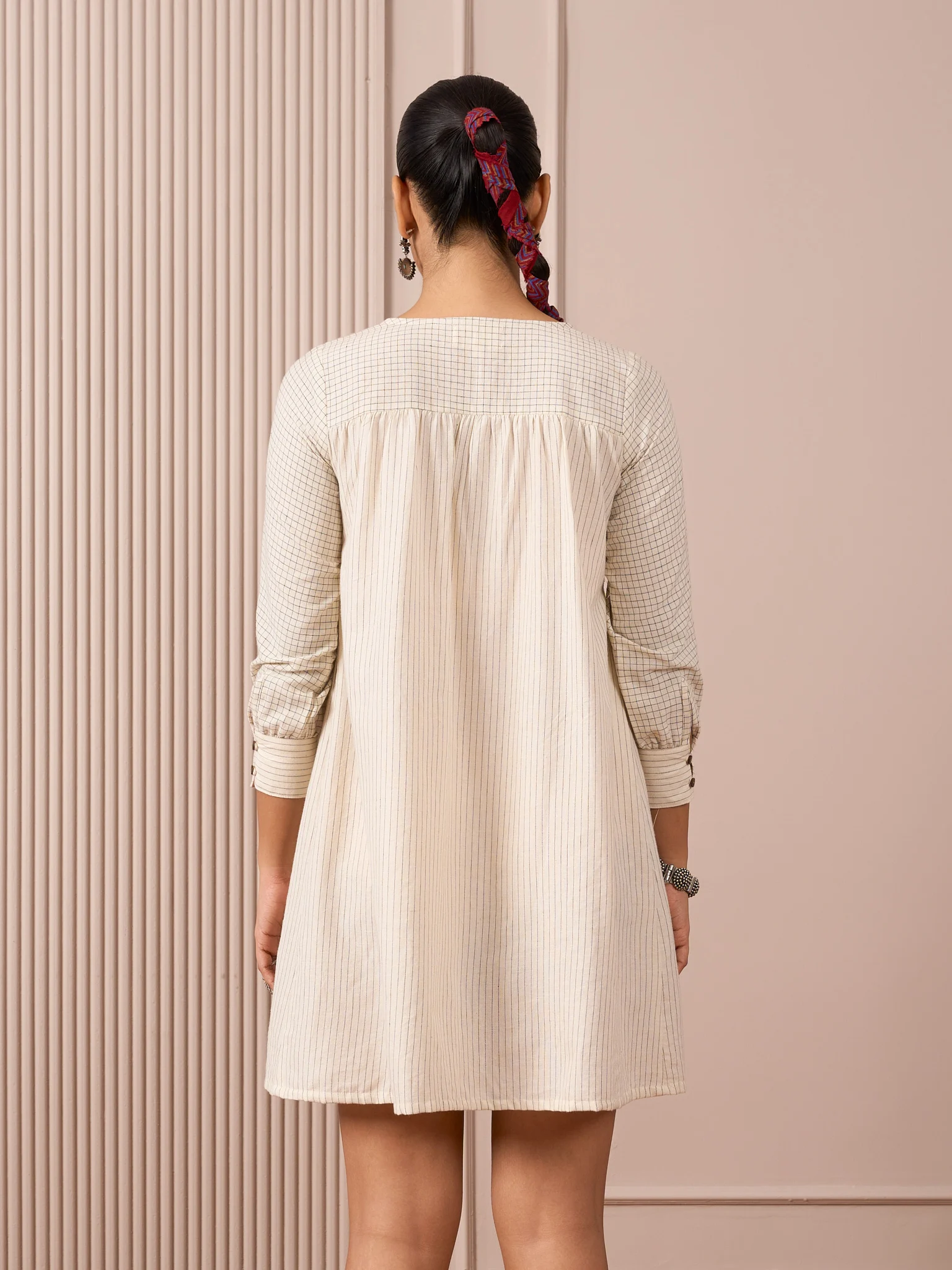 RA Studio Ivory Black Checks and Stripes Empire Line Short Dress with Colorful hand Embroidered Chest Panel