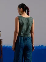 RA Studio Blue Base Zig-Zag Block Print Princess Line Sleeveless Crop Top with Front Buttons
