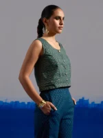 RA Studio Blue Base Zig-Zag Block Print Princess Line Sleeveless Crop Top with Front Buttons