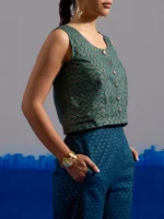 RA Studio Blue Base Zig-Zag Block Print Princess Line Sleeveless Crop Top with Front Buttons