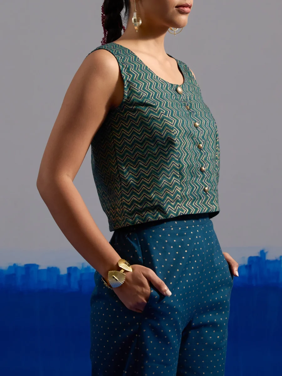 RA Studio Blue Base Zig-Zag Block Print Princess Line Sleeveless Crop Top with Front Buttons