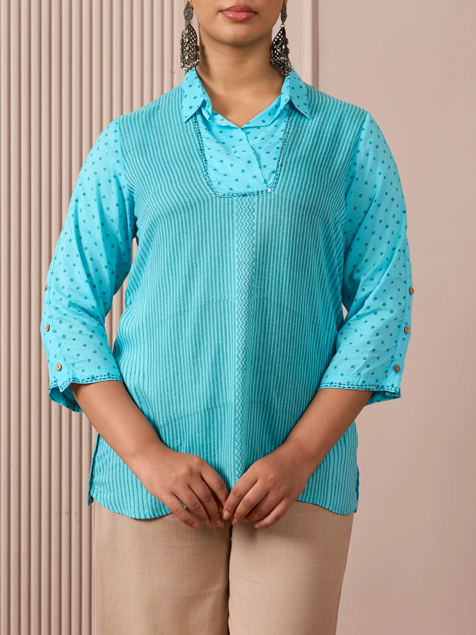 RA Studio Collared Tunic Blue Stripe and Dot Block Print