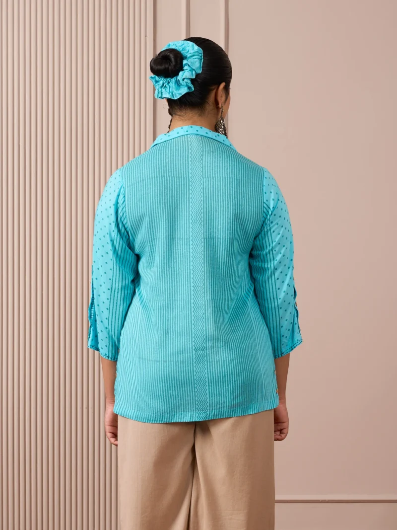 RA Studio Collared Tunic Blue Stripe and Dot Block Print