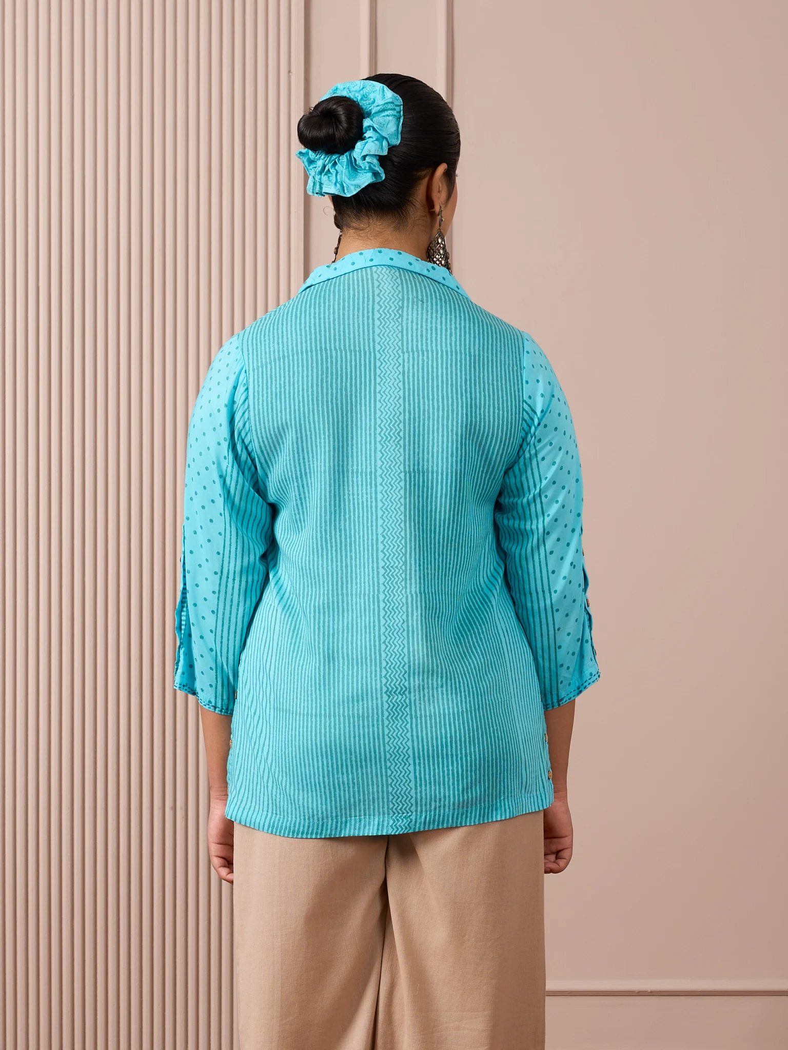 RA Studio Collared Tunic Blue Stripe and Dot Block Print