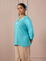 RA Studio Collared Tunic Blue Stripe and Dot Block Print